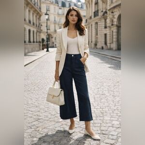 NWT Anthropologie The Adi Linen Blend Denim Blue Crop Midrise Flare Pants Pilcro